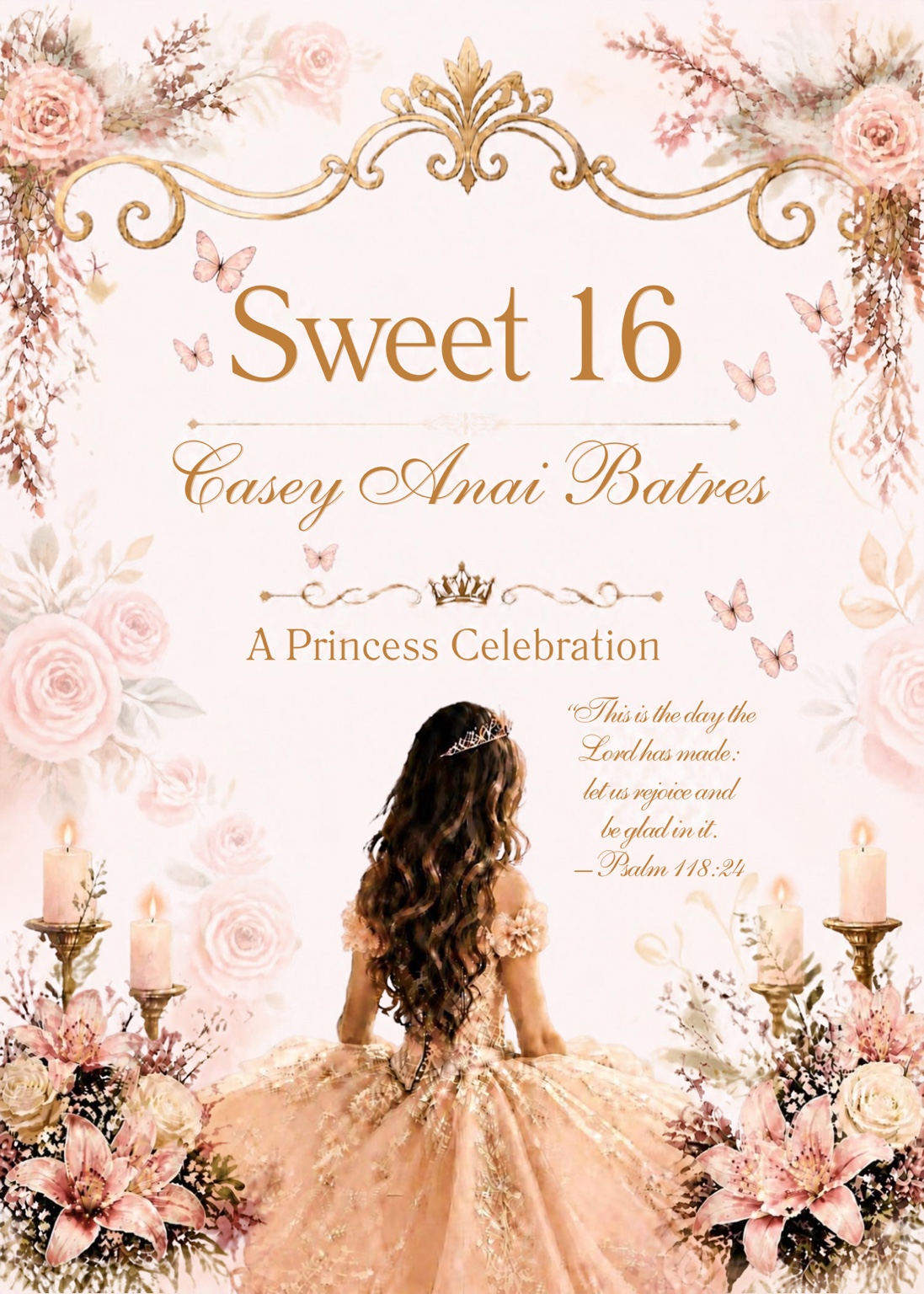 Sweet 16. Casey Anai Batres. A princess celebration. This is the day the Lord has made; let us rejoice and be glad in it. Psalm 118:24.