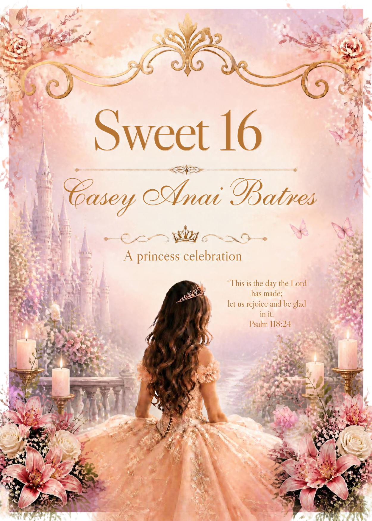 Sweet 16. Casey Anai Batres. A princess celebration. This is the day the Lord has made; let us rejoice and be glad in it. Psalm 118:24.